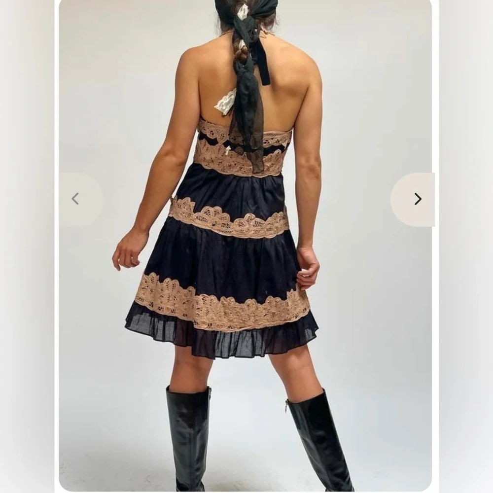 Vintage Y2K 90’s rare BCBG black brown lace halter mini dress cotton silk chic - Picture 5 of 11